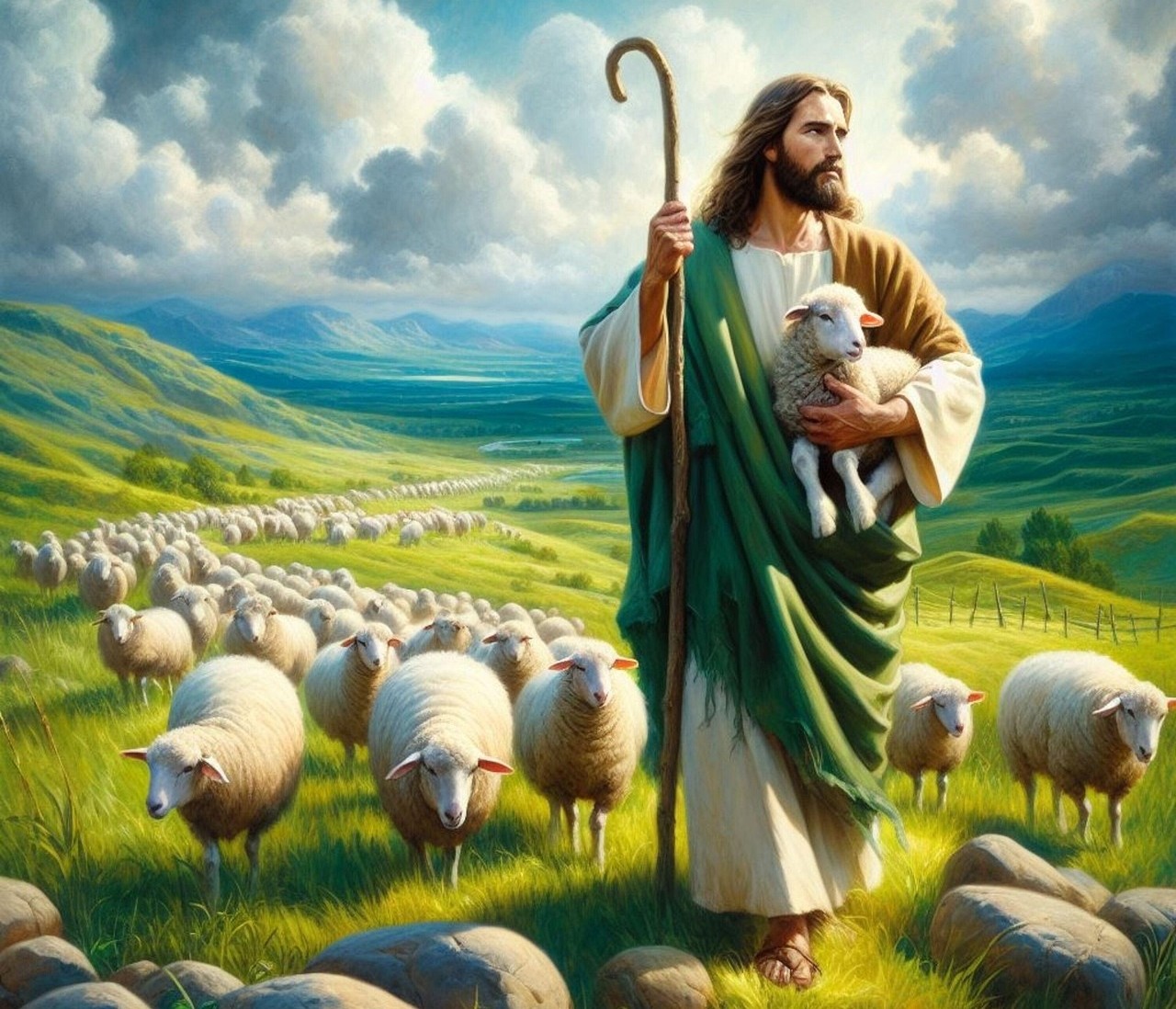 Jesus carrying a lamb and walking in a field with a flock of sheep